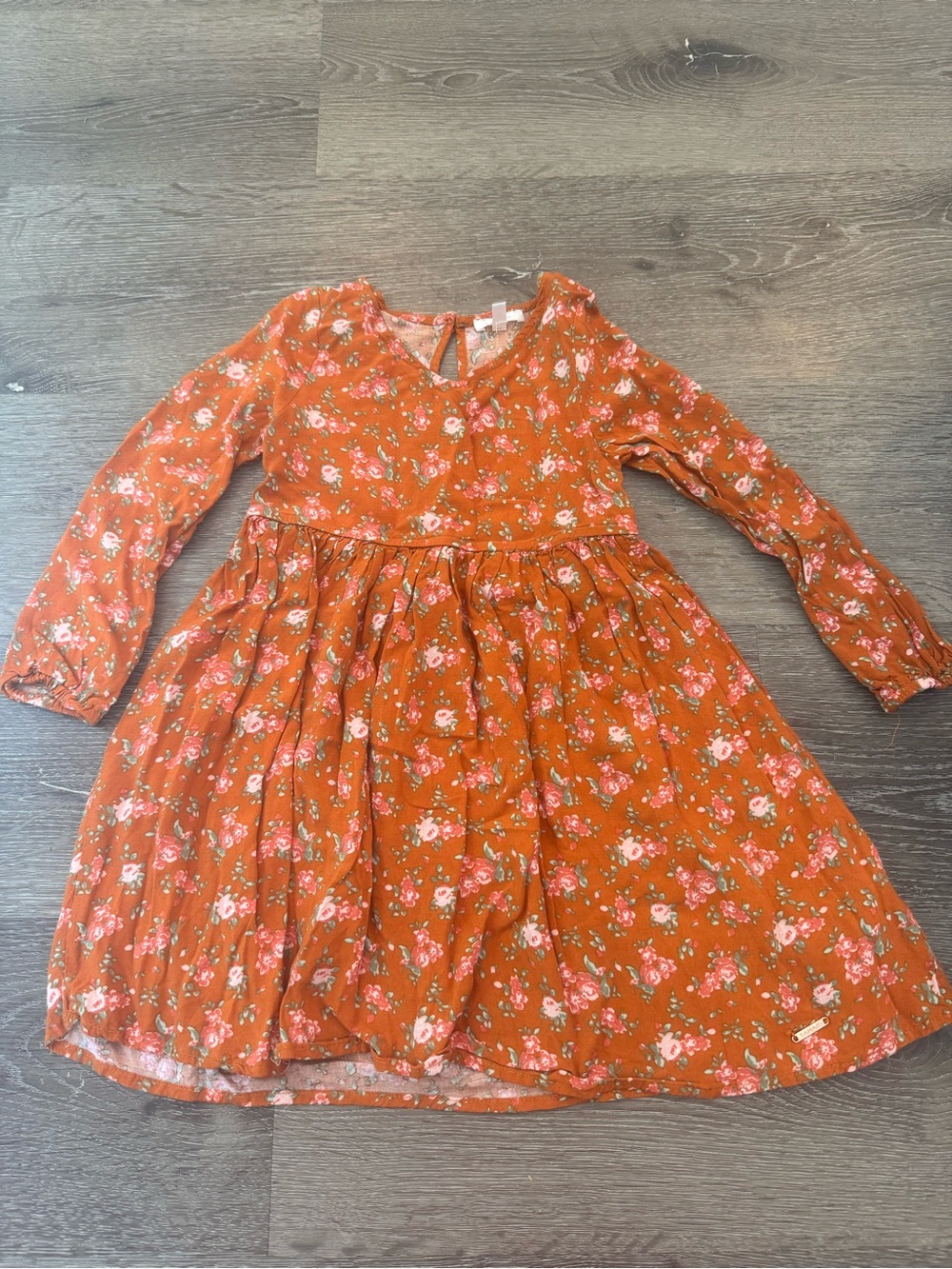 Tahari Girls Floral Babydoll Dress Size 5 Long Sleeve Rust Orange Cottagecore